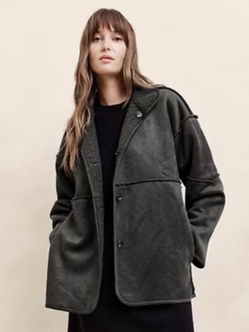 BANANA REPUBLIC Reversible Vegan Suede Sherpa Barn Jacket Pewter Gray Coat